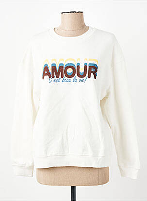 Sweat-shirt sérigraphie floquée manches longues blanc C'EST BEAU LA VIE femme