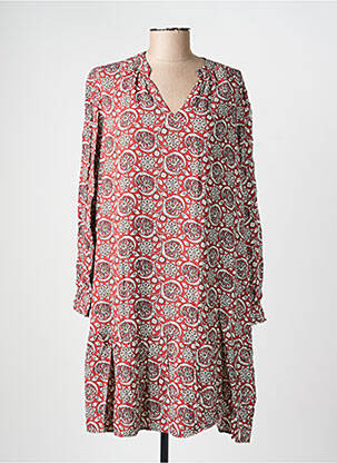Robe mi-longue imprimé fleurs manches longues rouge C'EST BEAU LA VIE femme