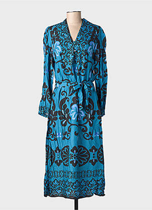 Robe longue tissage popeline manches longues bleu JULIE GUERLANDE femme