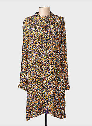 Robe mi-longue imprimé fleurs manches longues marron C'EST BEAU LA VIE femme