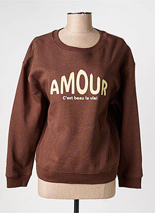 Sweat-shirt sérigraphie floquée manches longues marron C'EST BEAU LA VIE femme