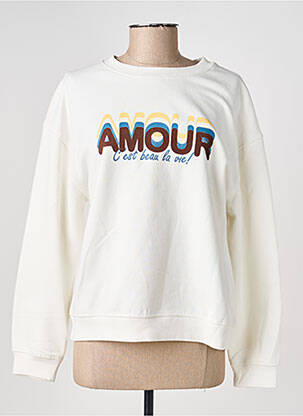Sweat-shirt sérigraphie floquée manches longues blanc C'EST BEAU LA VIE femme