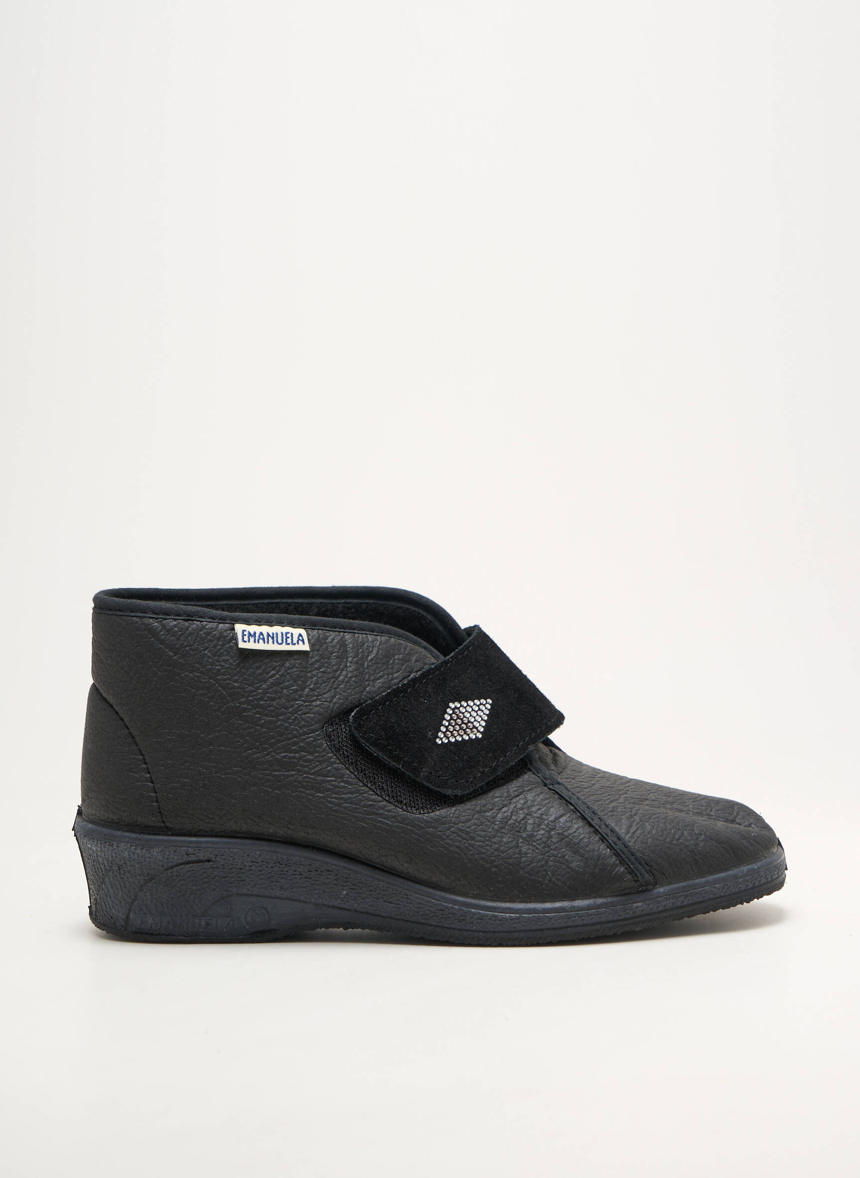 Chaussons/pantoufles fermeture scratch talon plat jusqu'à 3cm noir EMANUELA femme