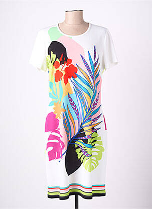 Robe mi-longue imprimé fantaisie manches courtes blanc GUY DUBOUIS femme