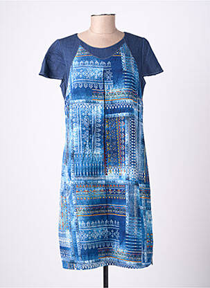 Robe mi-longue imprimé fantaisie manches courtes bleu GUY DUBOUIS femme