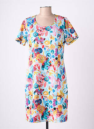 Robe mi-longue imprimé fleurs manches courtes bleu GUY DUBOUIS femme