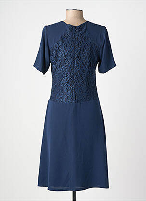 Robe mi-longue tissage crêpe manches courtes bleu GUY DUBOUIS femme