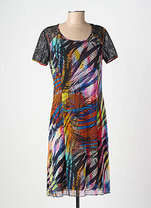 Robe mi-longue imprimé fantaisie manches courtes noir GUY DUBOUIS femme