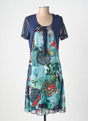 Robe mi-longue imprimé fantaisie manches courtes bleu GUY DUBOUIS femme