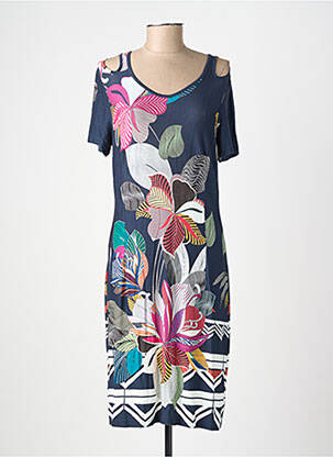 Robe mi-longue imprimé fleurs manches courtes bleu GUY DUBOUIS femme