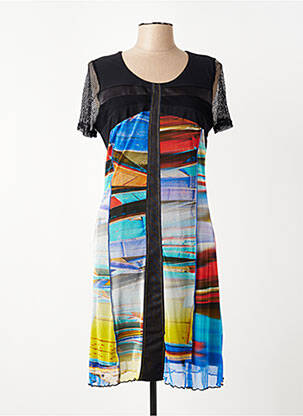 Robe mi-longue imprimé fantaisie manches courtes noir FRANCE RIVOIRE femme