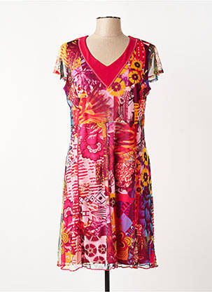 Robe mi-longue imprimé fleurs manches courtes rouge FRANCE RIVOIRE femme
