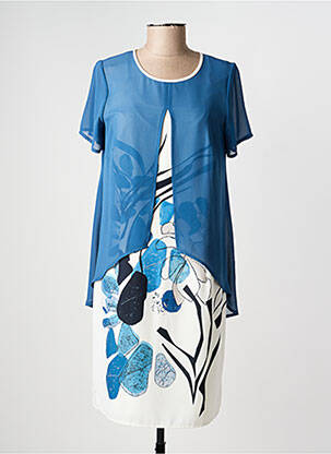 Robe mi-longue imprimé fleurs manches courtes bleu GUY DUBOUIS femme