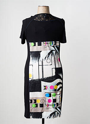Robe mi-longue imprimé fantaisie manches courtes noir GUY DUBOUIS femme
