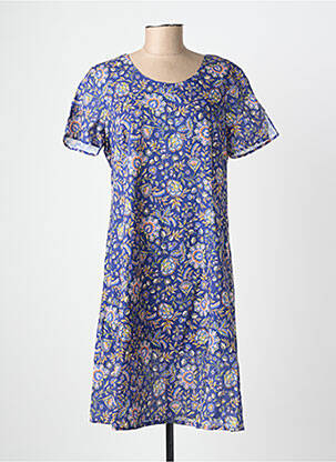 Robe mi-longue imprimé fleurs manches courtes bleu GEVANA femme