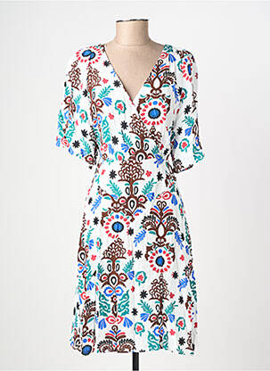 Robe mi-longue imprimé fleurs manches courtes blanc C'EST BEAU LA VIE femme