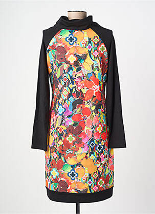 Robe mi-longue imprimé fantaisie manches longues noir MALOKA femme