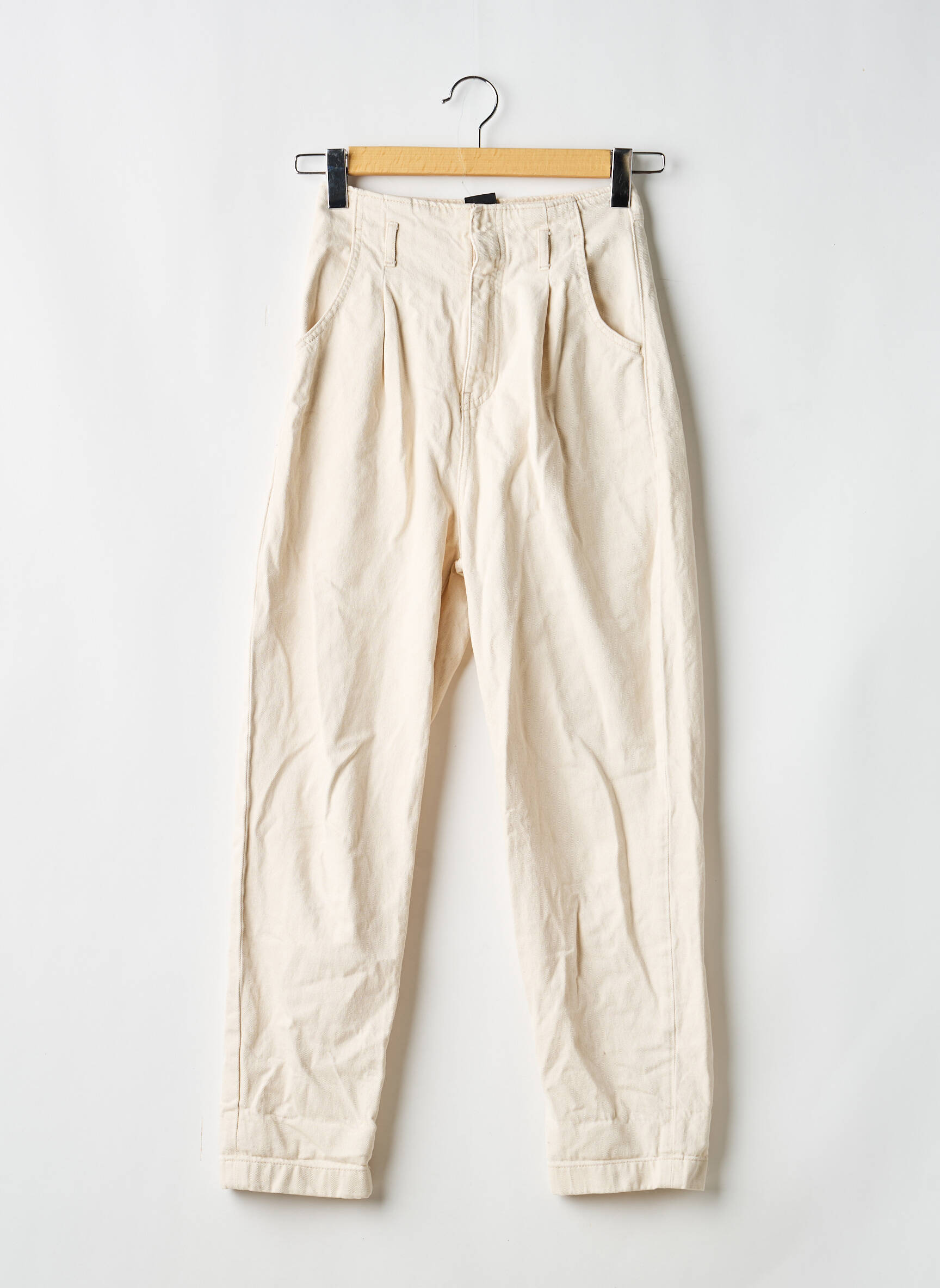 Pantalon droit fermeture zippée sous rabat avec crochet taille normale beige MASSIMO DUTTI femme