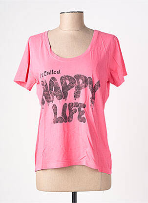 T-shirt sérigraphie floquée manches courtes rose HAPPY femme