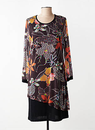 Robe mi-longue imprimé fantaisie manches longues marron GUY DUBOUIS femme