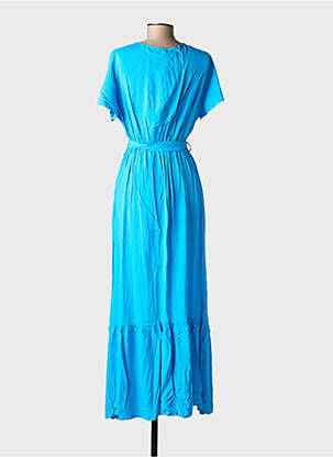 Robe longue tissage popeline manches courtes bleu C'FLO femme