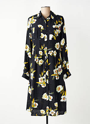 Robe mi-longue imprimé fleurs manches longues noir EMILIE.K femme