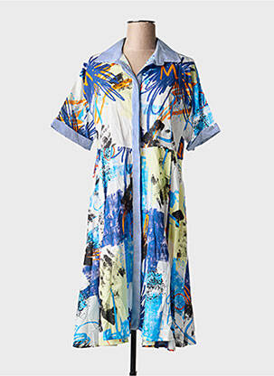 Robe mi-longue imprimé fantaisie manches courtes bleu FRANCK ANNA femme
