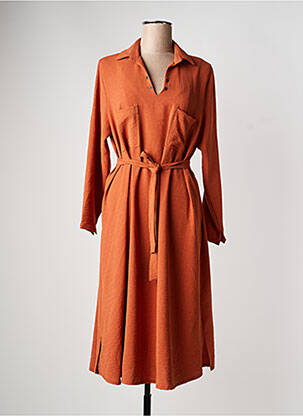 Robe mi-longue tissage crêpe manches longues orange FRANCK ANNA femme