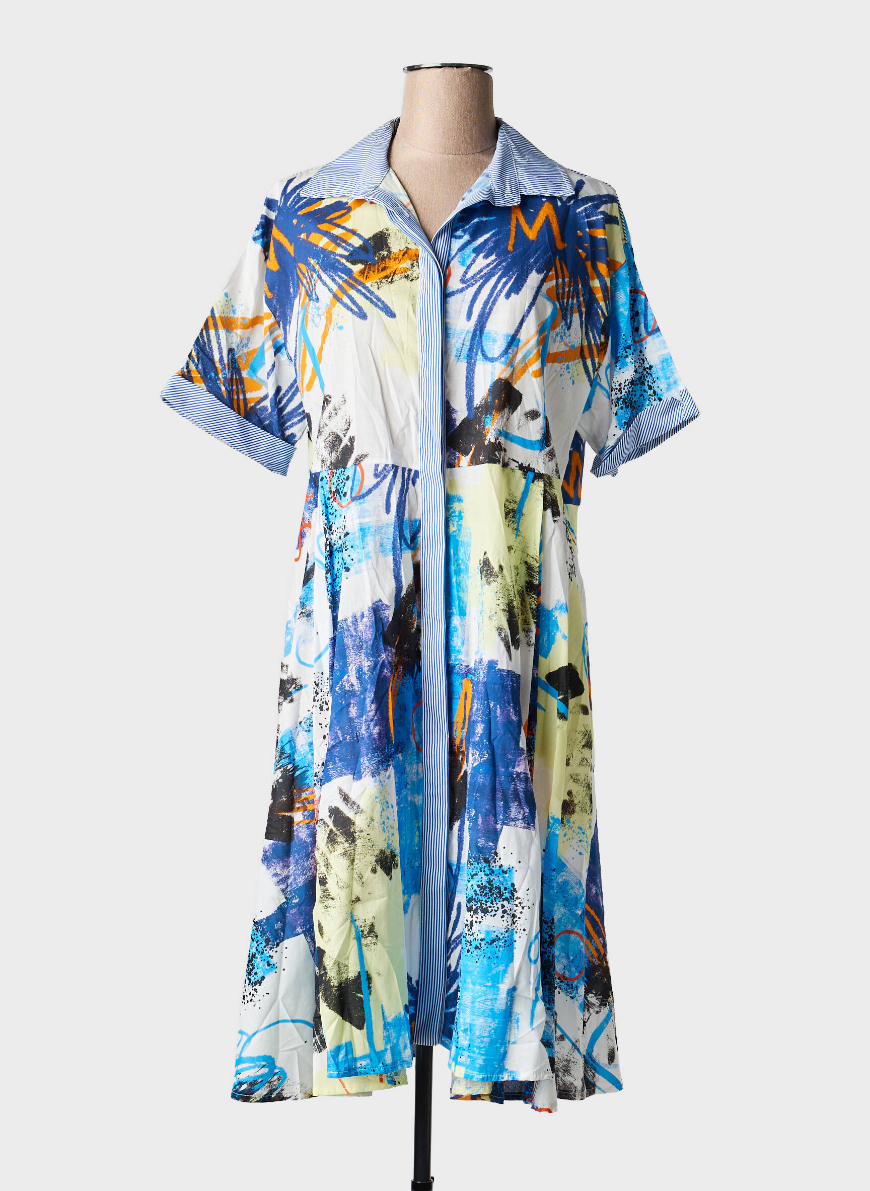 Robe mi-longue imprimé fantaisie manches courtes bleu FRANCK ANNA femme