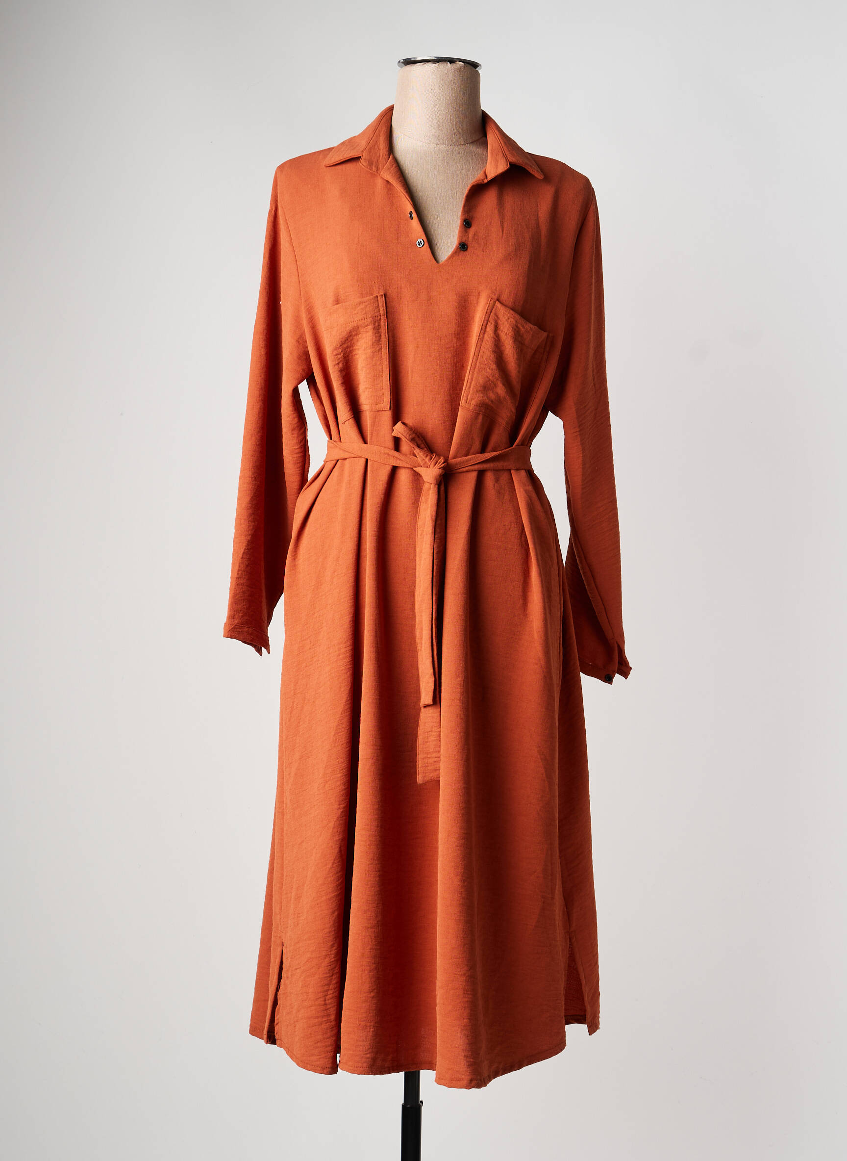 Robe mi-longue tissage crêpe manches longues orange FRANCK ANNA femme