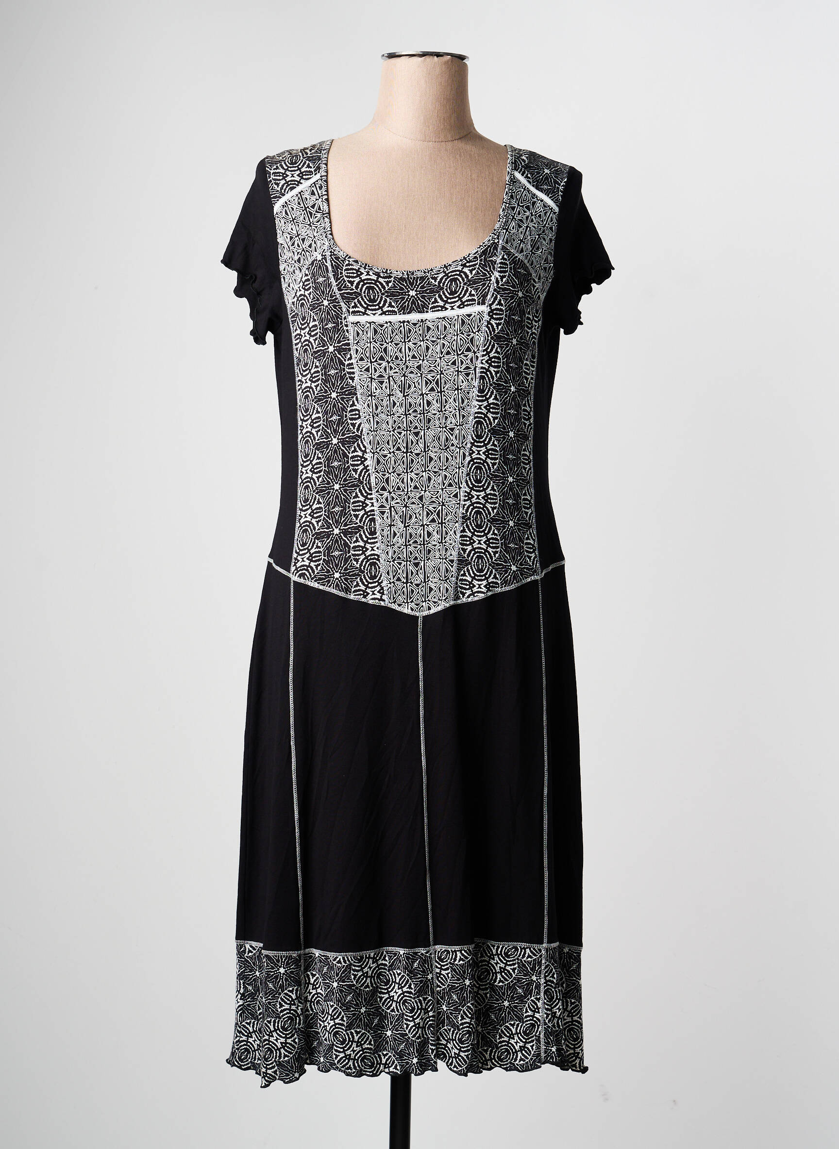 Robe mi-longue imprimé fantaisie manches courtes noir JEAN GABRIEL femme