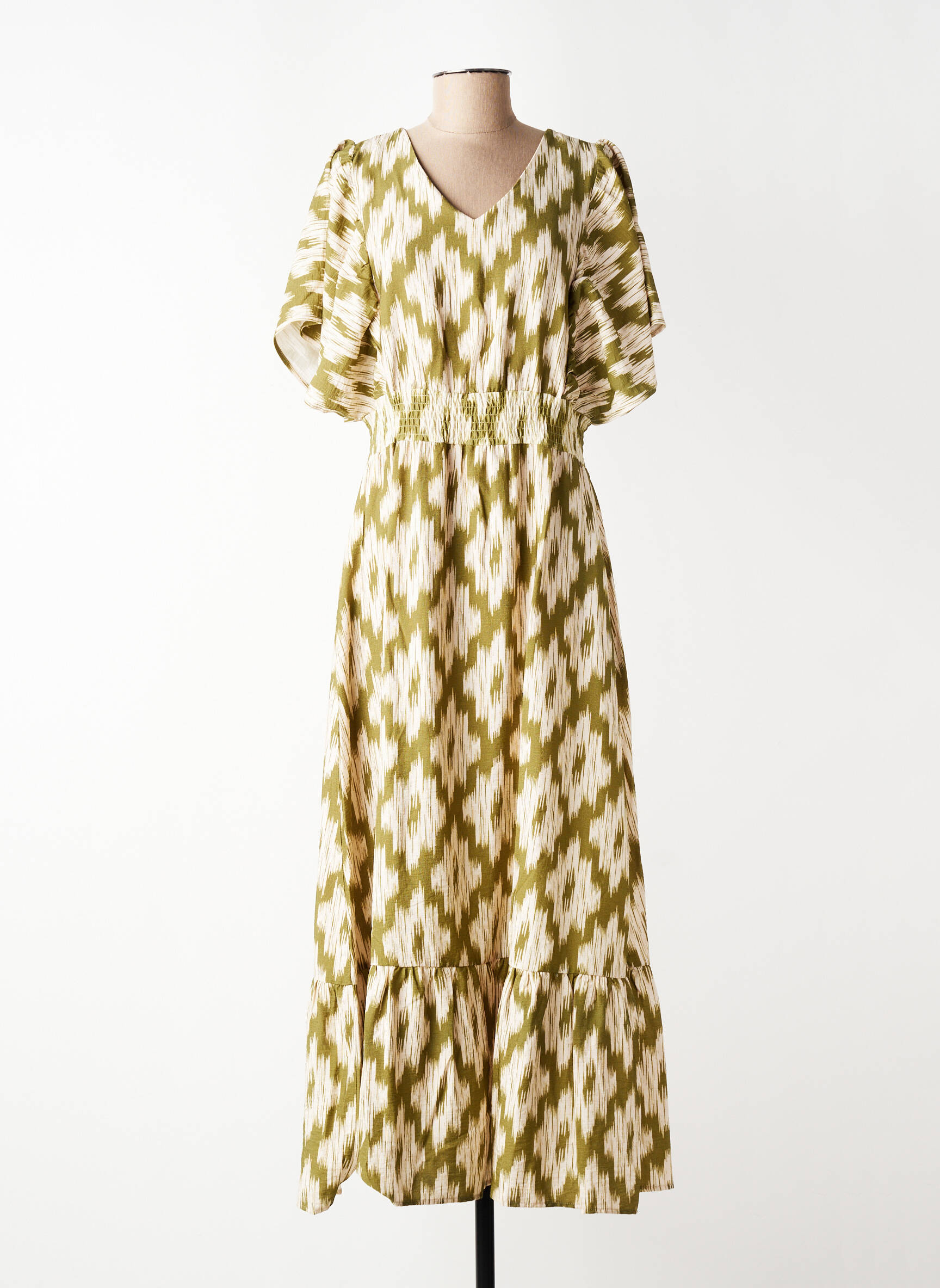 Robe longue imprimé fantaisie manches courtes vert GEISHA femme