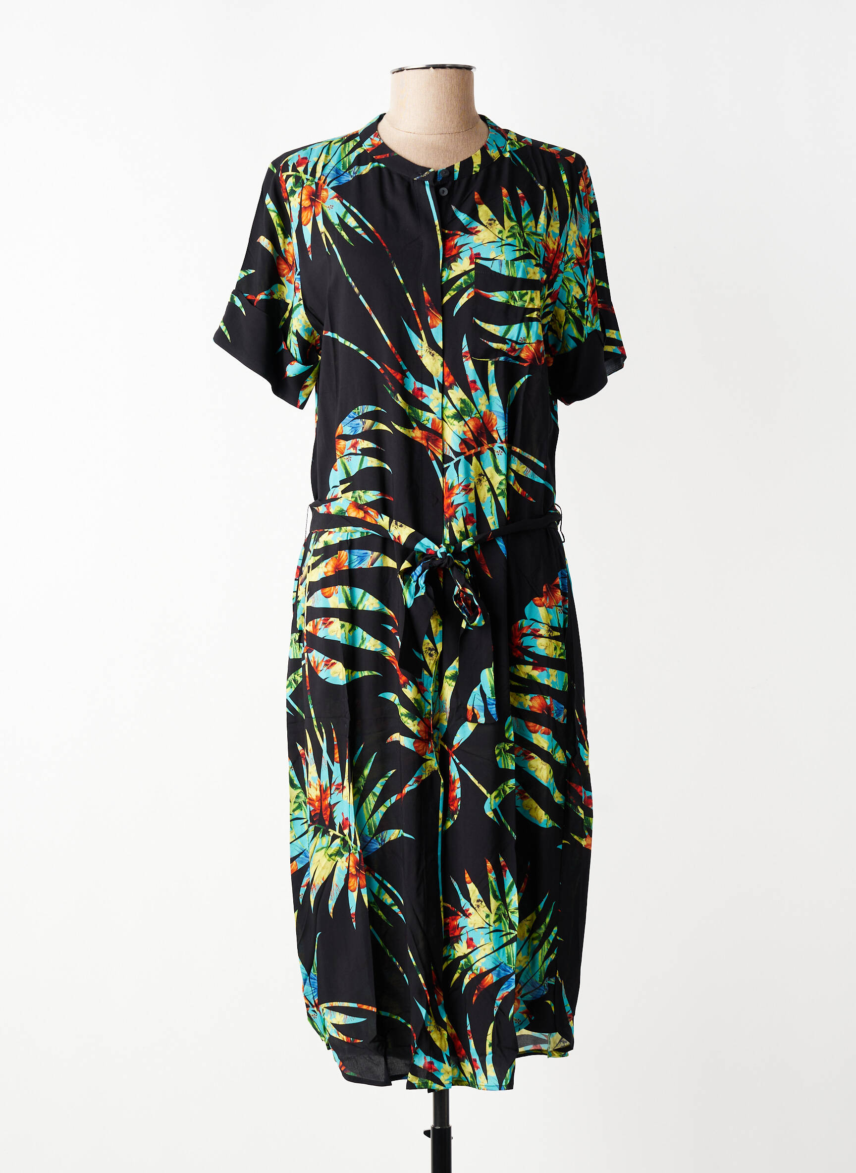 Robe mi-longue imprimé fantaisie manches courtes noir GEISHA femme