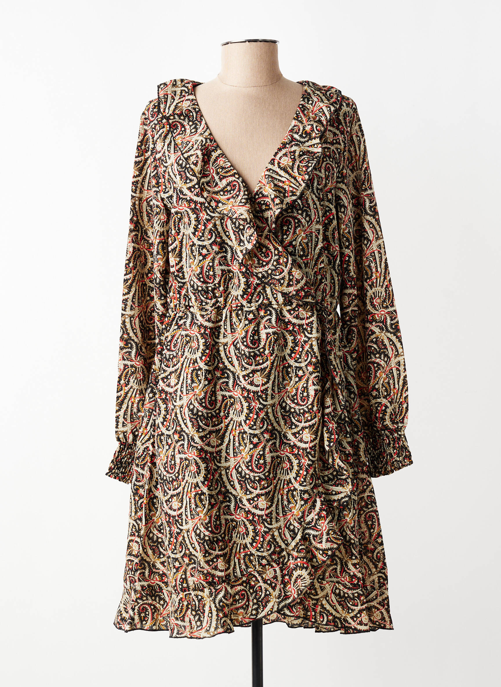 Robe mi-longue tissage crêpe manches longues noir ROSE femme