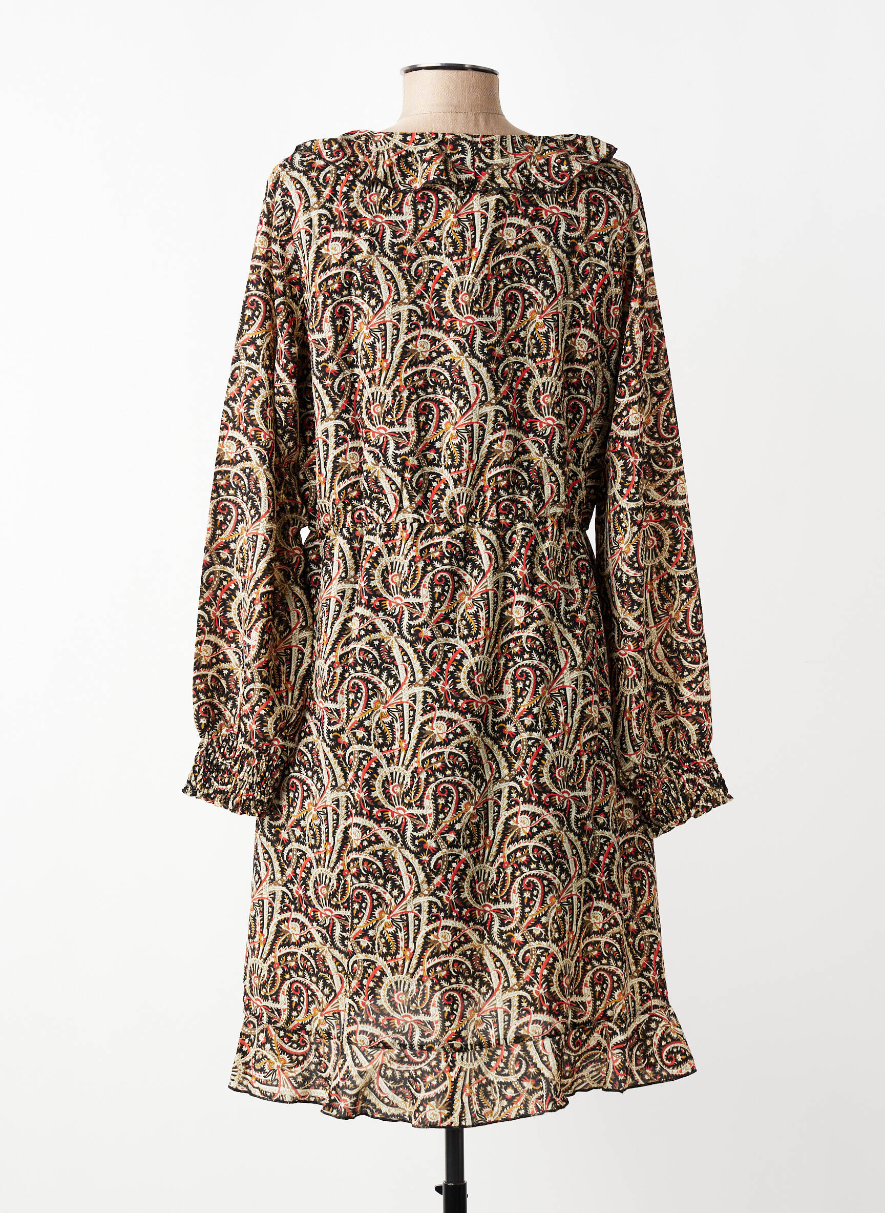 Robe mi-longue tissage crêpe manches longues noir ROSE femme