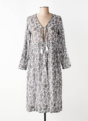 Robe mi-longue imprimé fleurs manches longues gris CHICOSOLEIL femme