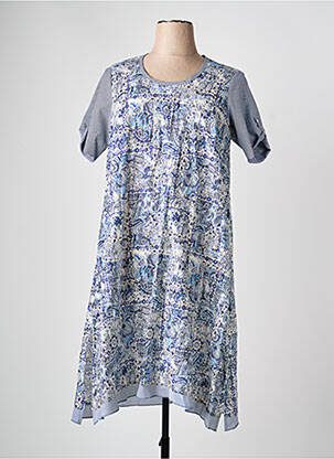 Robe mi-longue imprimé fleurs manches courtes bleu FRANCK ANNA femme