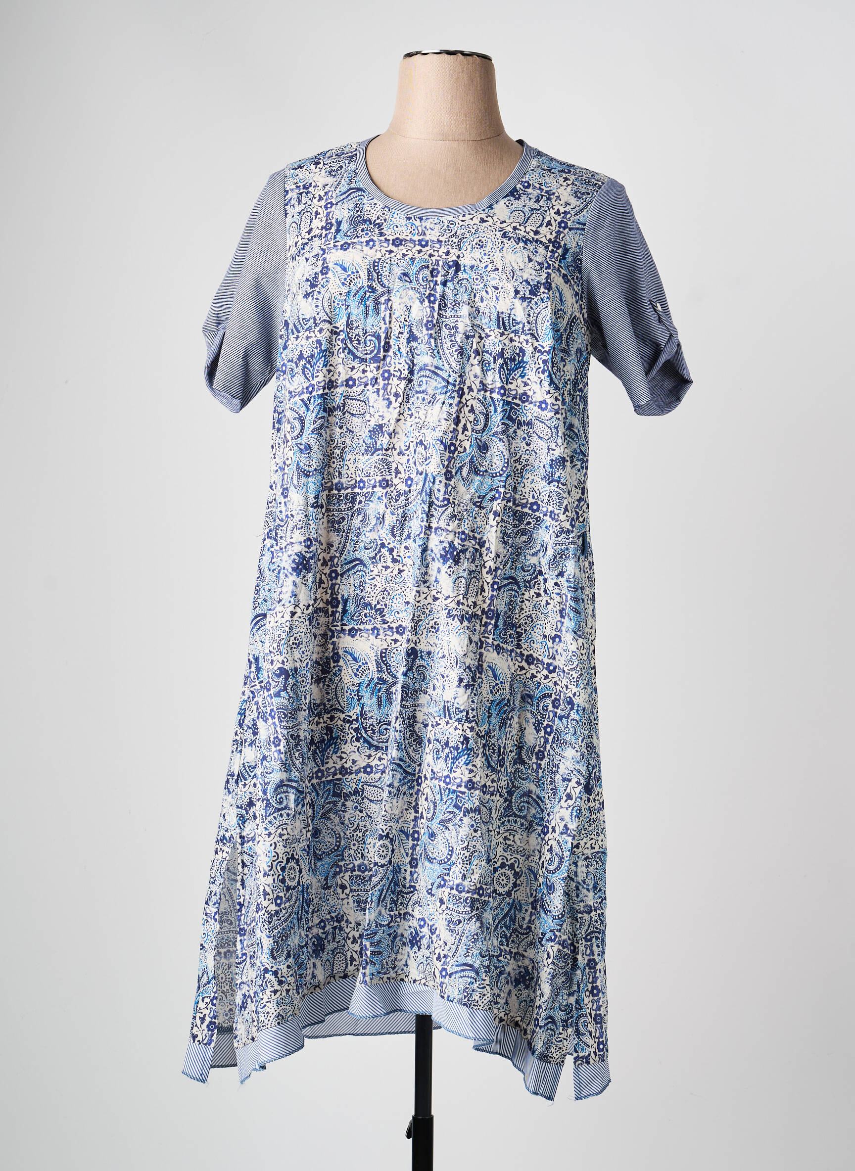 Robe mi-longue imprimé fleurs manches courtes bleu FRANCK ANNA femme