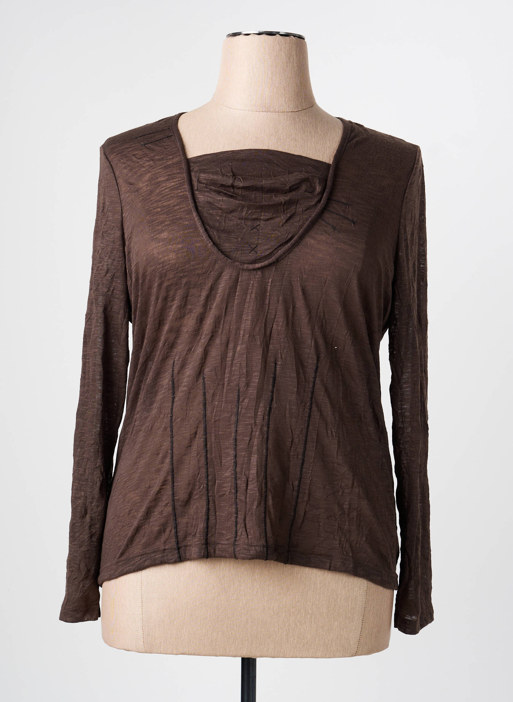 Top tissage crêpe manches longues marron PAUSE CAFE femme