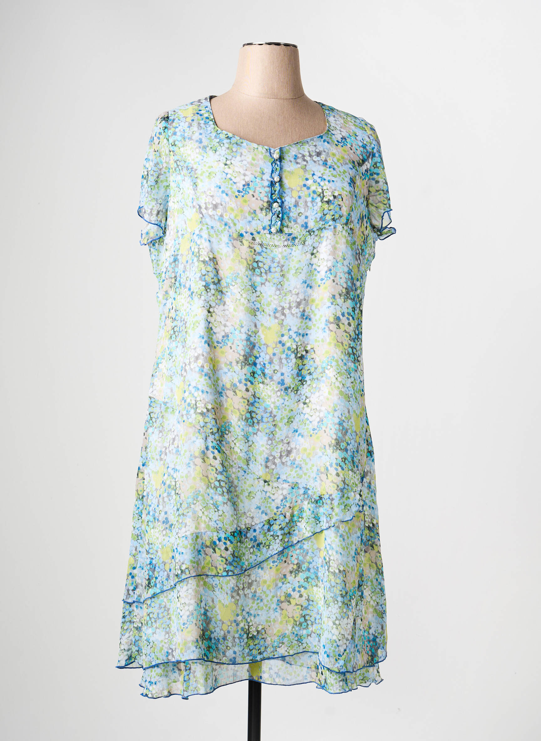 Robe mi-longue coupe fluide manches courtes bleu JEAN GABRIEL femme