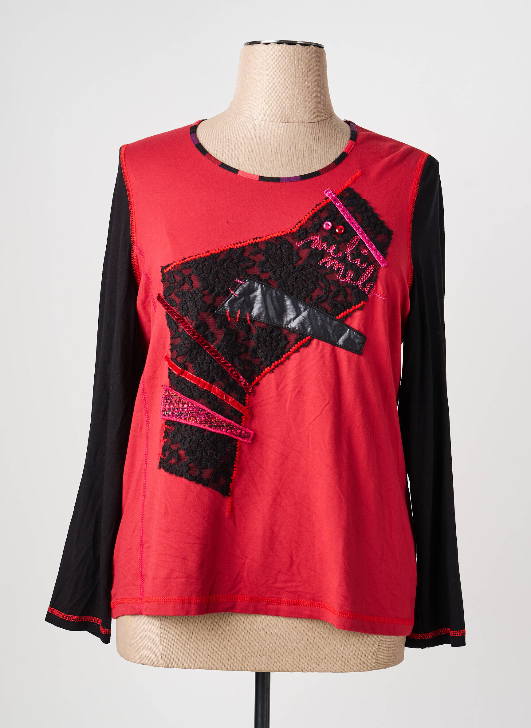 Top tissage jersey manches longues rouge PAUSE CAFE femme