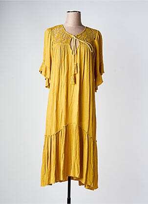 Robe mi-longue coupe fluide manches courtes jaune GOA femme