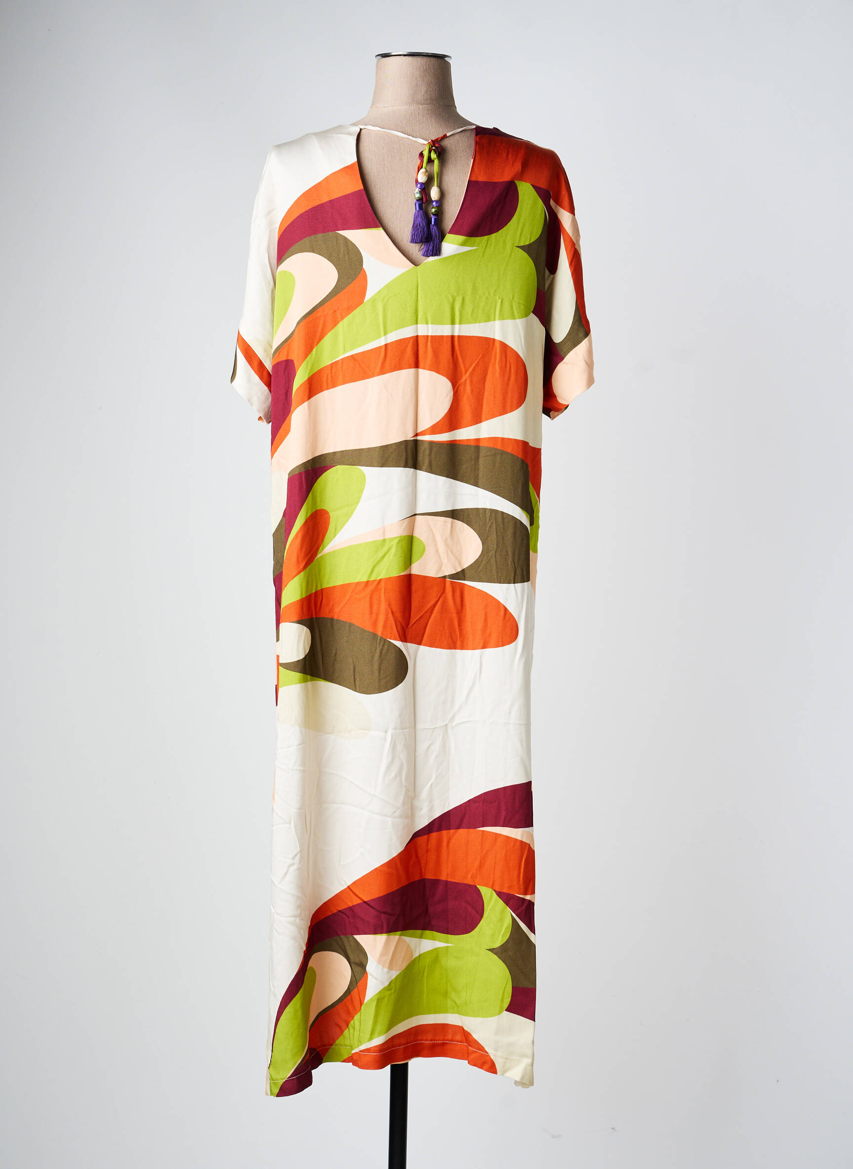 Robe longue imprimé fantaisie manches courtes beige ZIA BRAND femme