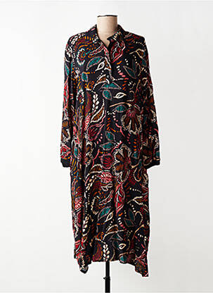 Robe mi-longue imprimé fleurs manches longues noir FRANCK ANNA femme