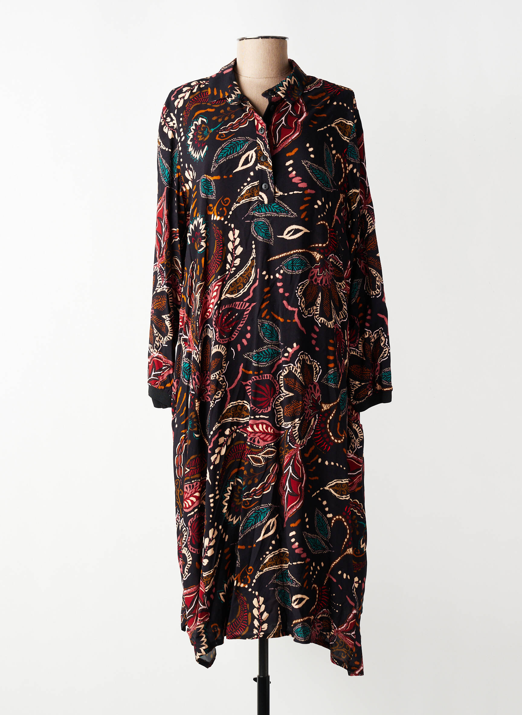 Robe mi-longue imprimé fleurs manches longues noir FRANCK ANNA femme
