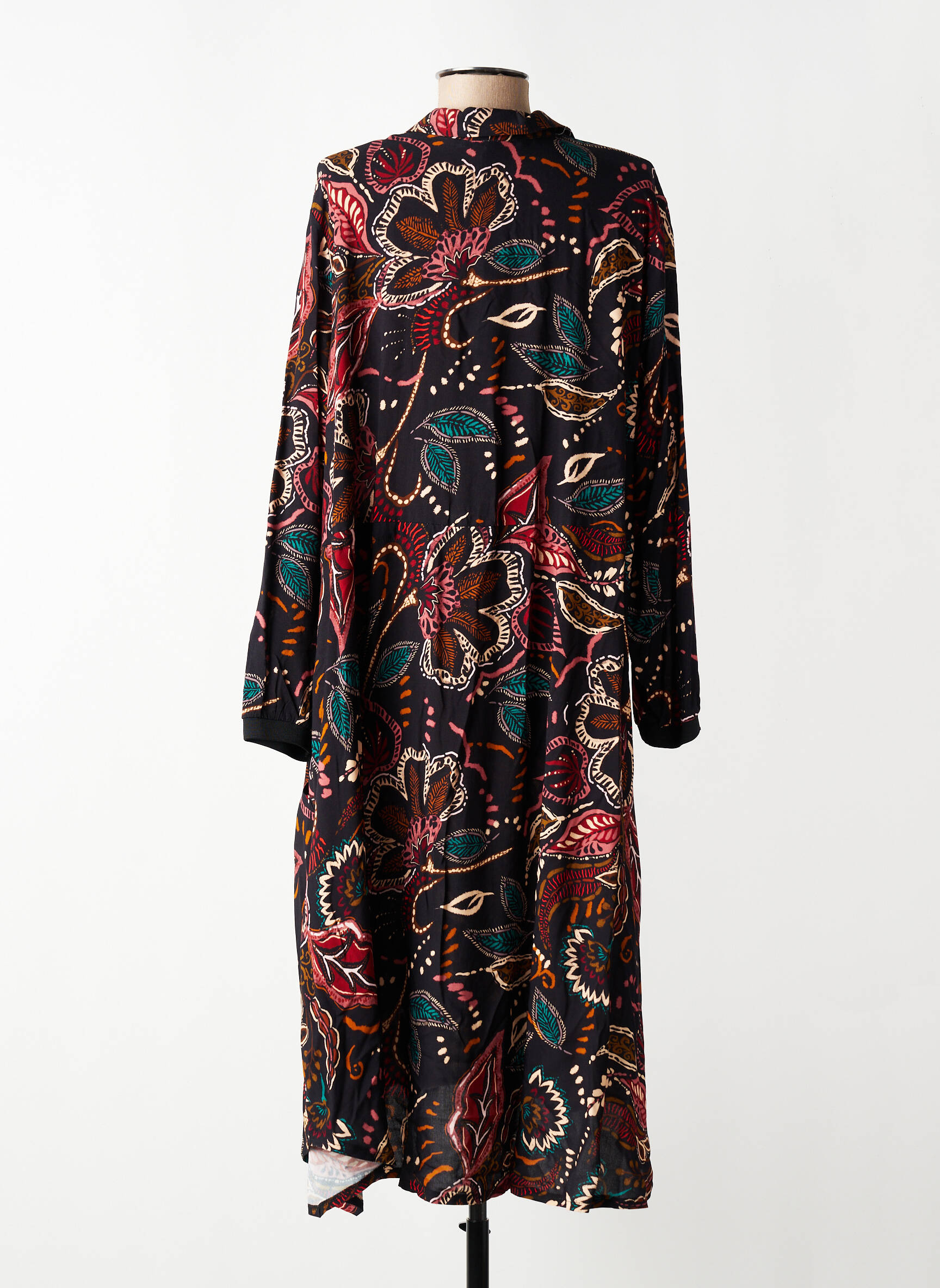 Robe mi-longue imprimé fleurs manches longues noir FRANCK ANNA femme