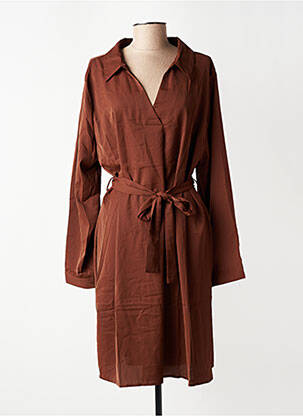 Robe mi-longue tissage crêpe manches longues marron NOUGAT femme
