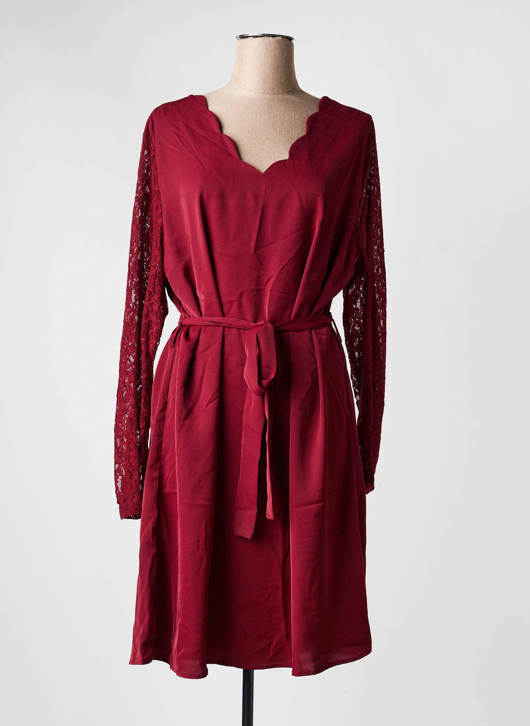Robe mi-longue tissage crêpe manches longues rouge NOUGAT femme