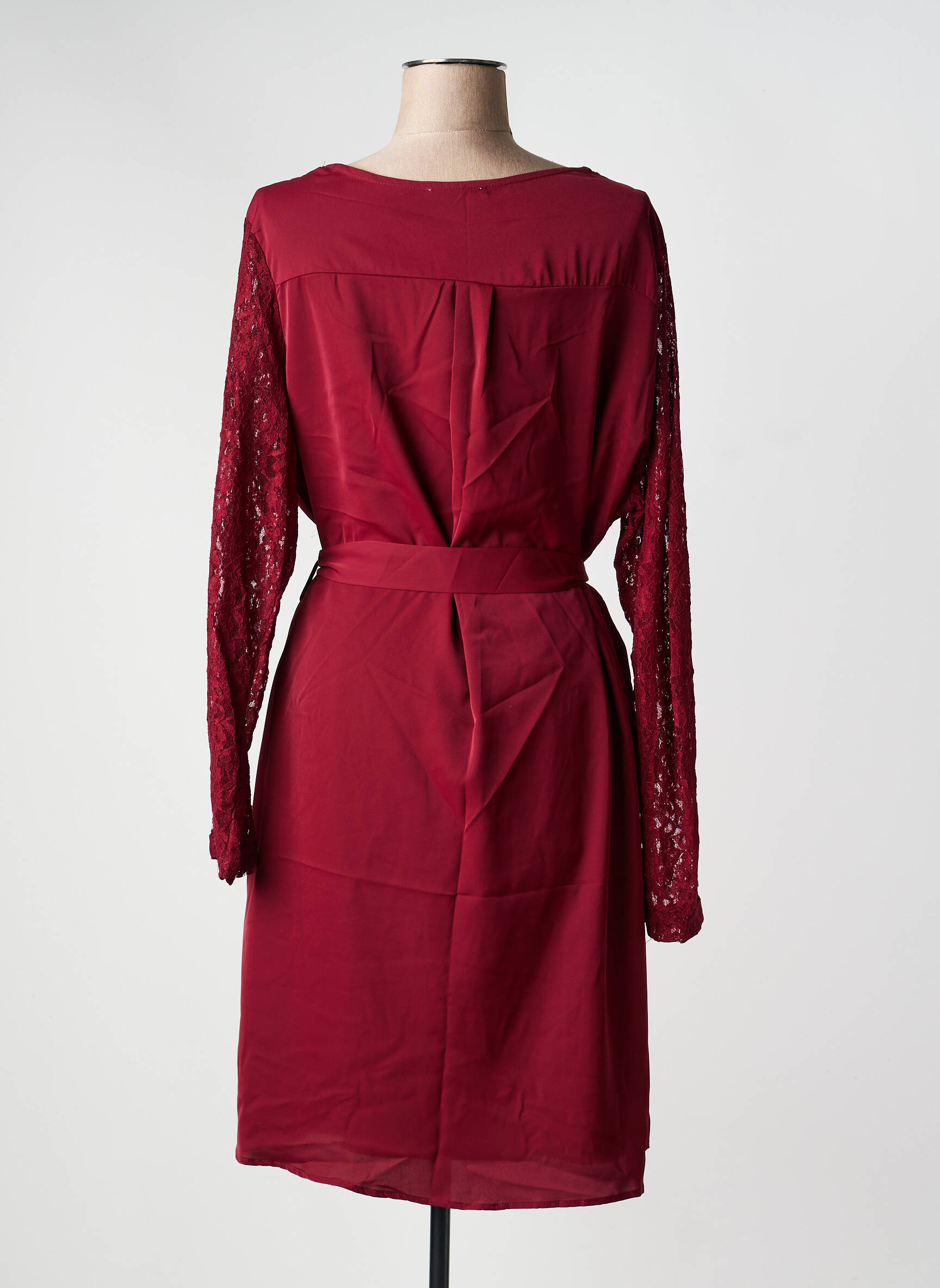 Robe mi-longue tissage crêpe manches longues rouge NOUGAT femme
