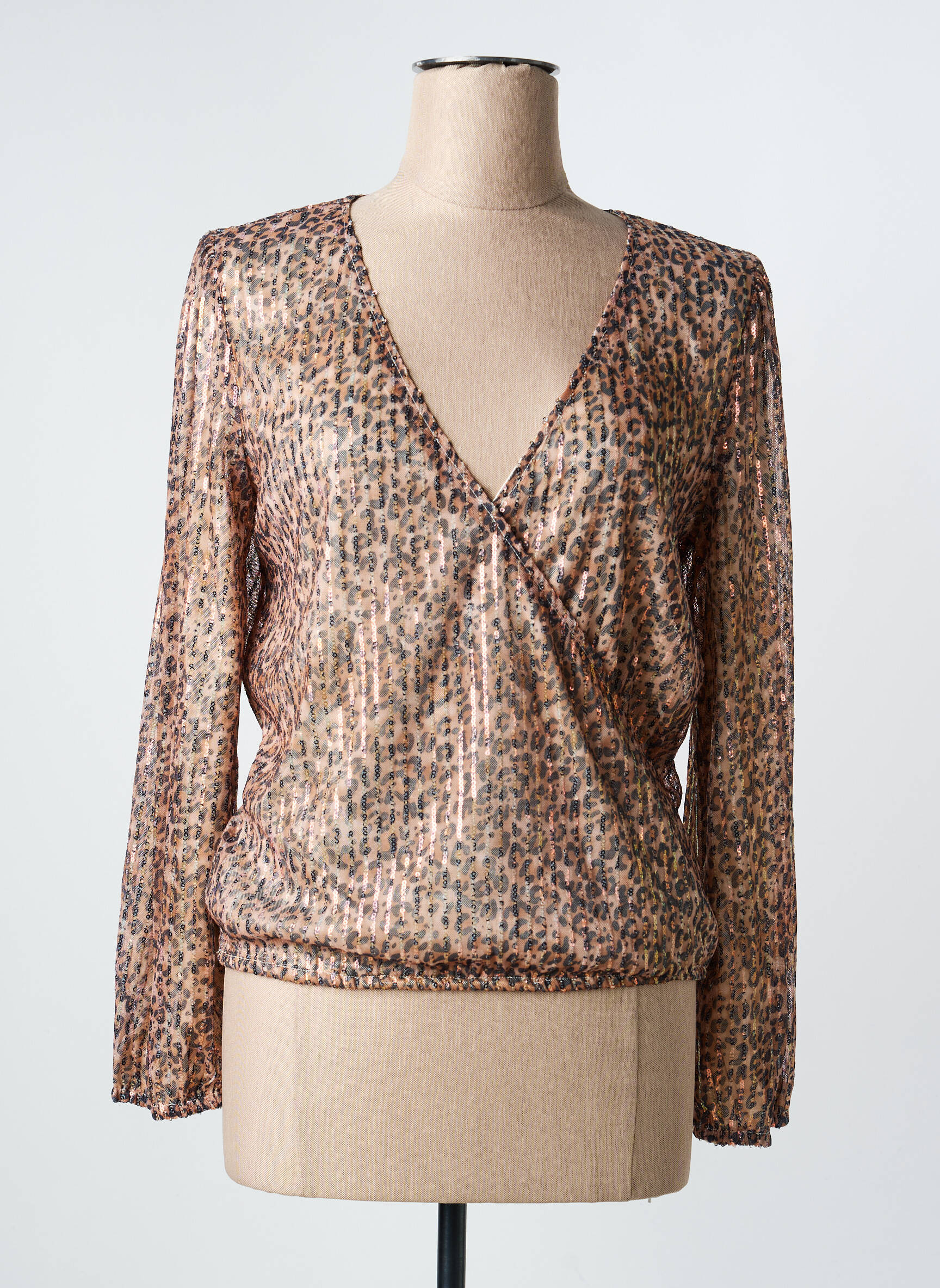 Top col v manches longues beige PEACE N'LOVE femme